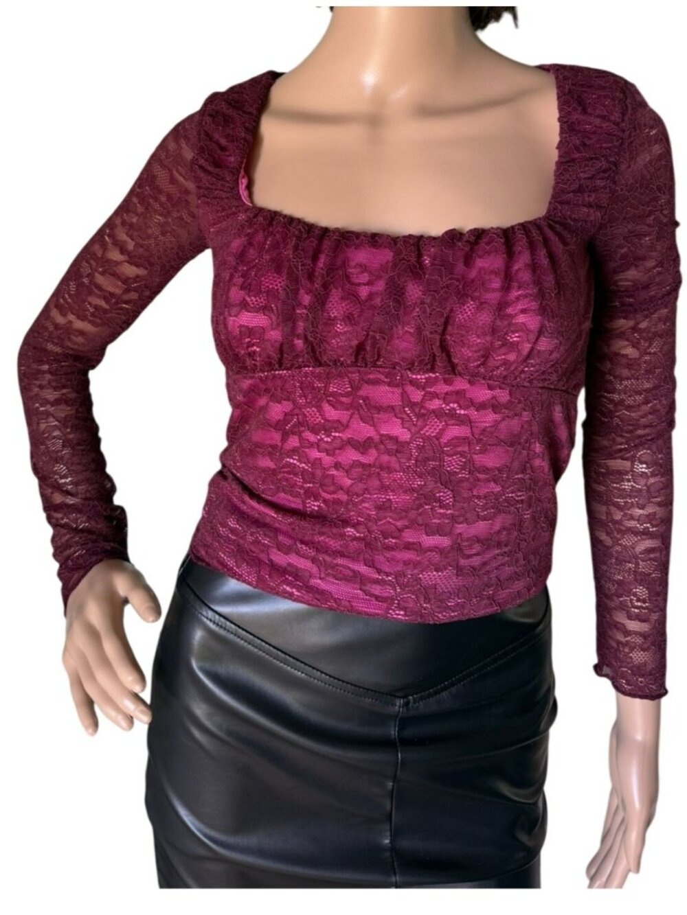 Forever 21 Womens XS Burgundy Lace Crop Top Hot Pink Y2K Coquette